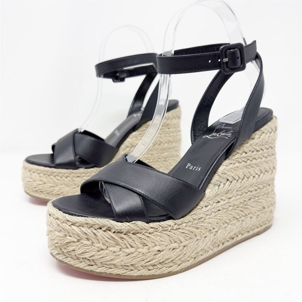 Christian Louboutin Mariza Zeppa Black Leather Wedge Sandals Womens Size EU 38